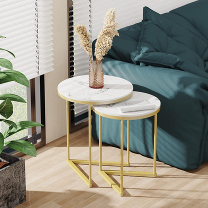 Marmeren Top Bijzettafel Goud: 2 Nesting Kleine Sofa End Tafels Ronde Nachtkastje Nest Sets Hoogglans Gesinterd Stenen Marmeren Tafelblad met Gouden Metalen Benen Geneste Accent Tafels voor Woonkamer
