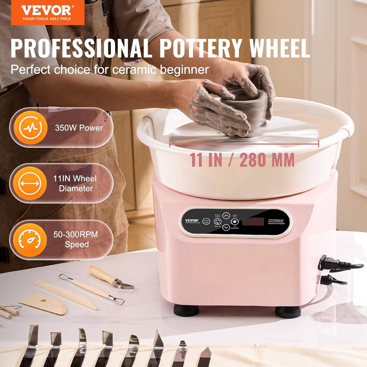 Pottenbakkersschijf – Keramiekdraaibank – Pottenbakkersmachine – Draaischijf – Keramiekapparaat – Roze – 28 cm Schijf – 350W Motorvermogen – Voetpedaal en Touchscreenregeling - QUORE