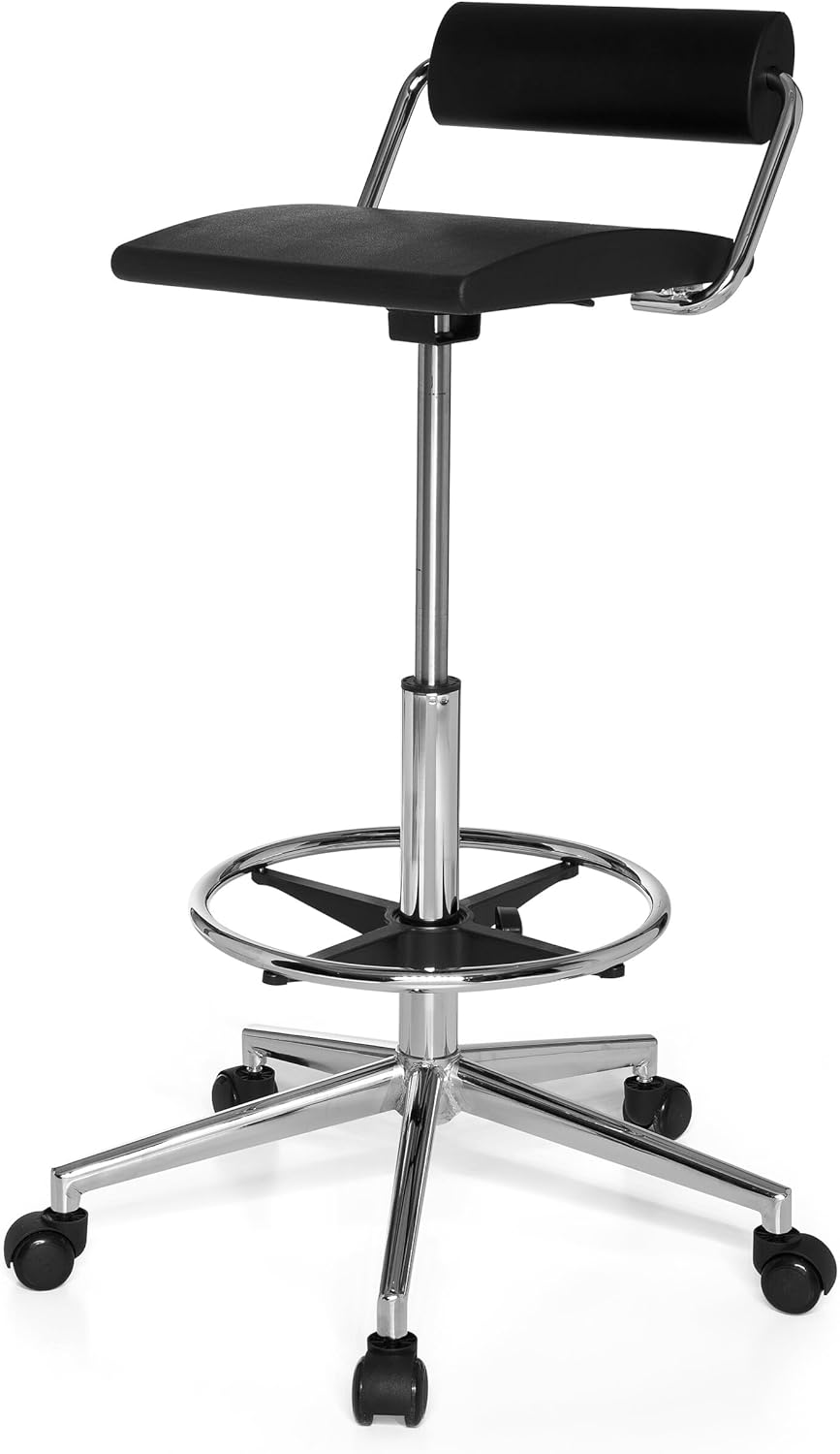 hjh OFFICE 665170 Counter Chair TOP Work 28 Schuim Zwart hoge Rise Task Stoel met rugleuning Massief Verchroomd Staal Base Ring voetsteun