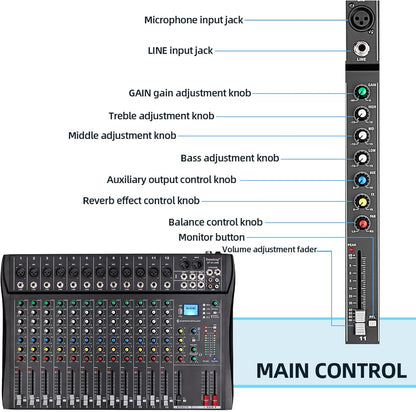 12-Kanaals Audiomixer – Mengpaneel – DJ-Mixer – Mengtafel – Muziekmixer – Bluetooth Draadloos Streamen – +48V Fantoomvoeding