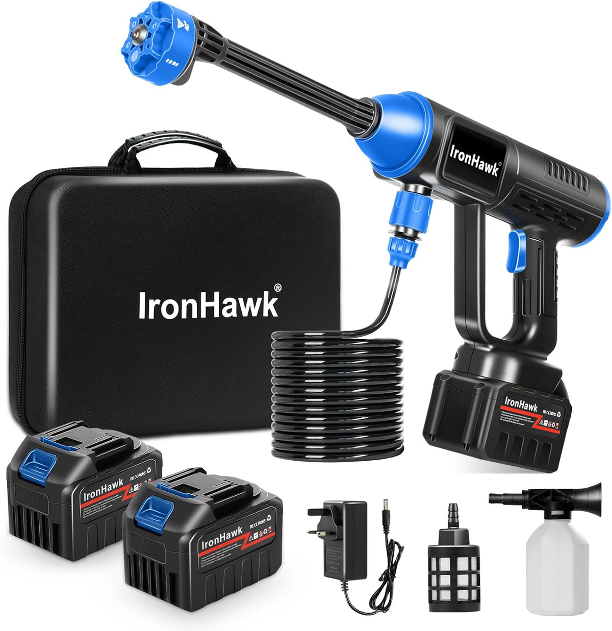 Draadloze Hogedrukreiniger – Accu Hogedrukspuit – Waterreiniger – Schoonmaakspuit – Mobiele Hogedrukspuit – 6-in-1 Verstelbaar Mondstuk – 2x Li-ion Accu’s met 10m Slang