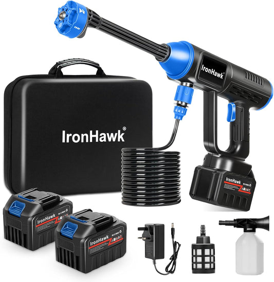 Draadloze Hogedrukreiniger – Accu Hogedrukspuit – Waterreiniger – Schoonmaakspuit – Mobiele Hogedrukspuit – 6-in-1 Verstelbaar Mondstuk – 2x Li-ion Accu’s met 10m Slang