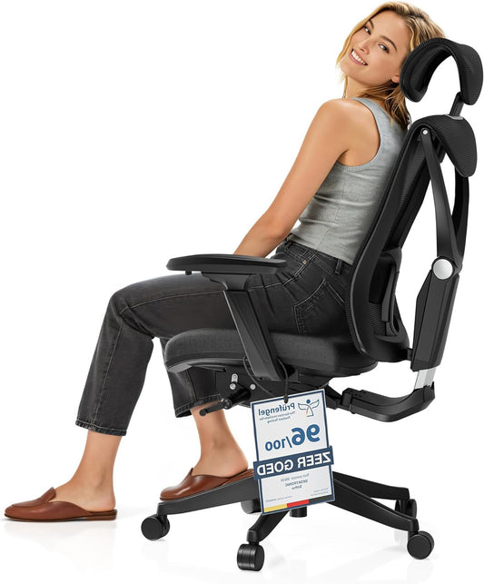 Desktronic SitPro Office Chair - Adjustable Ergonomic Office Chair with Lumbar Support - Back-friendly / Back Pain Free - Computer Chair Height Adjustable & Back Protective - Wide Cushion (Black) - QUORE