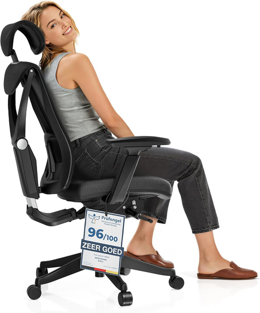 Desktronic Bureaustoel SitPro - Verstelbaar ergonomische bureaustoel met lendensteun - rugvriendelijk/rugpijnvrij - computerstoel in hoogte verstelbaar & rugbeschermend - breed kussen (Zwart)