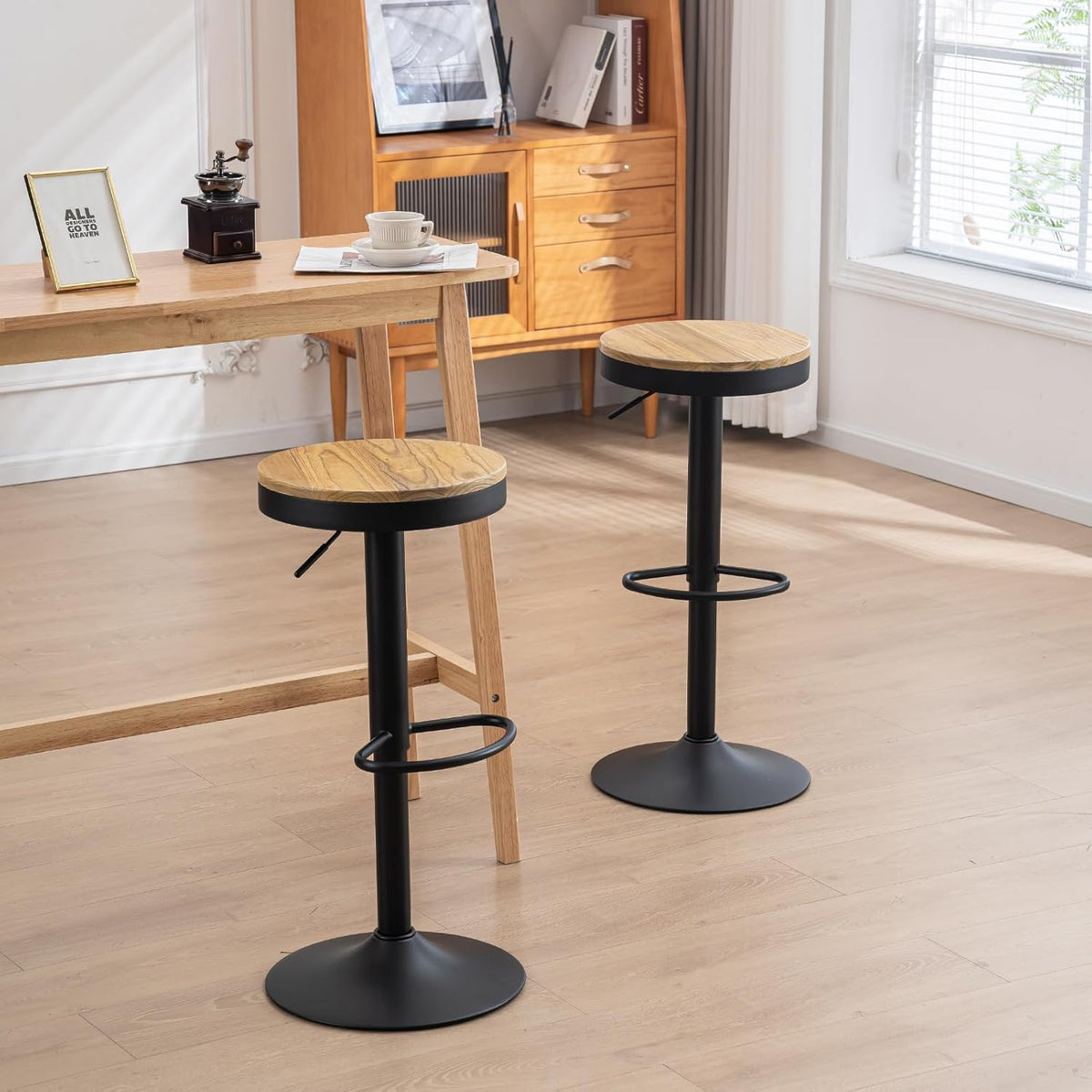 Kidol & Shellder barkrukken houten zitting, set van 2,360° draaibare krukken, verstelbare barkrukken bar hoogte, vintage industrieel, zwart