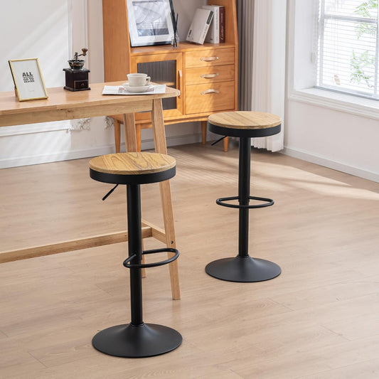 Kidol & Shellder barkrukken houten zitting, set van 2,360° draaibare krukken, verstelbare barkrukken bar hoogte, vintage industrieel, zwart