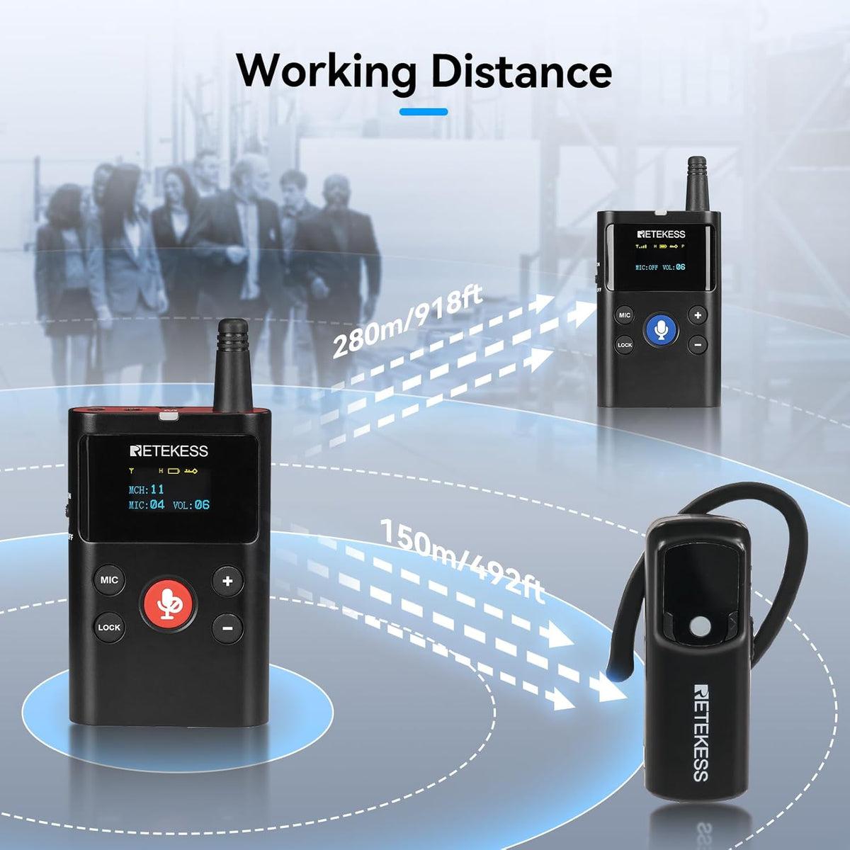 Retekess TT126 Two Way Guide System, draadloos tourgidsysteem, 280 m, heldere geluidskwaliteit, twee-weg communicatie-apparaat, voor fabriek, vergaderingen, training