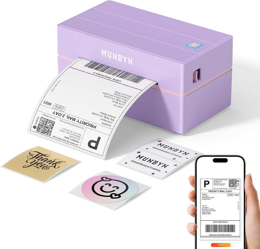 MUNBYN Labelprinter Bluetooth 4x6, Thermische Labelprinter, Ideaal voor kleine bedrijven en thuisgebruik, Compatibel met iOS, Android, Windows, Chromebook, DHL en UPS, Paars