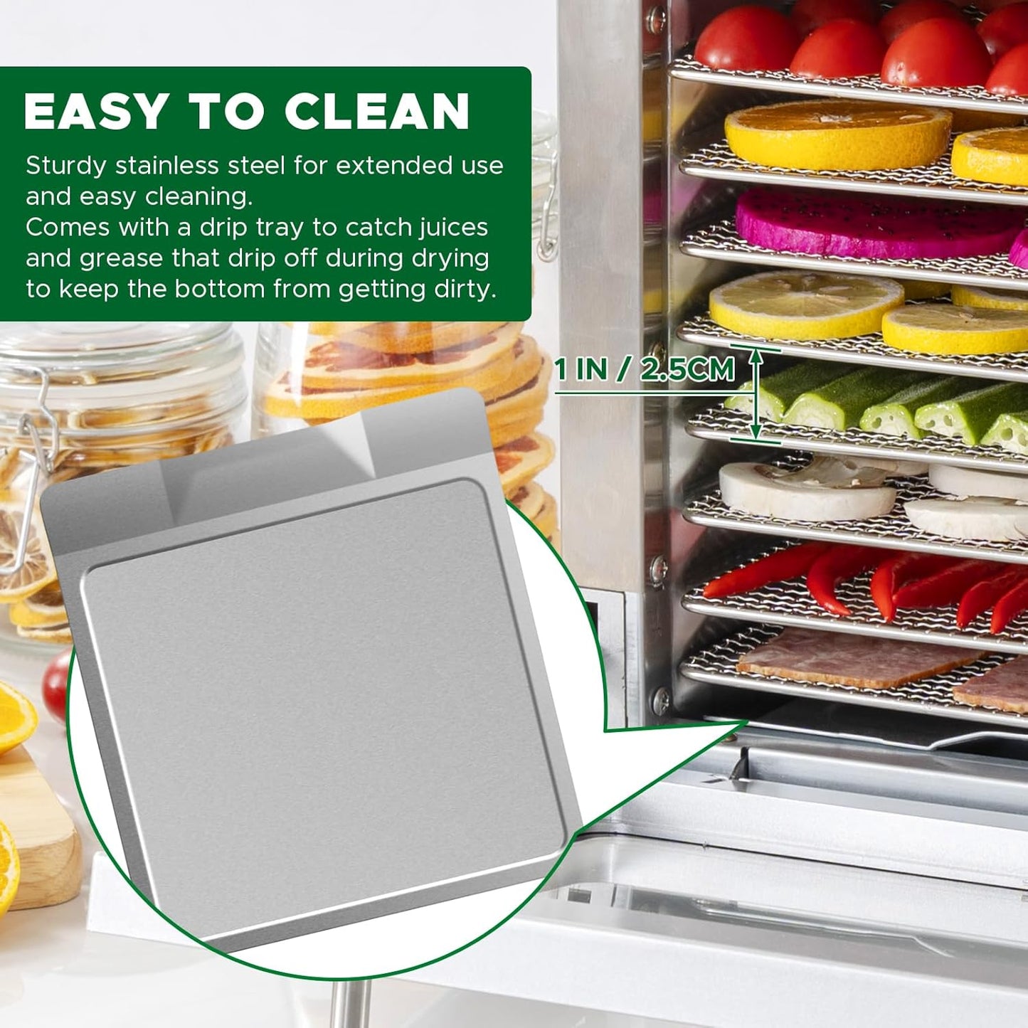 Kwasyo Voedseldroger van roestvrij staal, 0,67 m², 8 roestvrijstalen tablets, led-display, 24-uurs timer, instelbare temperatuur 35 °C - 85 °C, voor vlees, groenten en fruit
