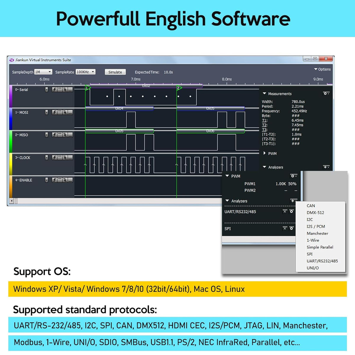 InnoMaker USB Logic Analyzer LA2016 16 Kanalen 200MHz 1G Geheugen met Engelse PC Software Draagbaar Hogesnelheid Ondersteuning I2C SPI CAN UART voor Windows MacOS Linux