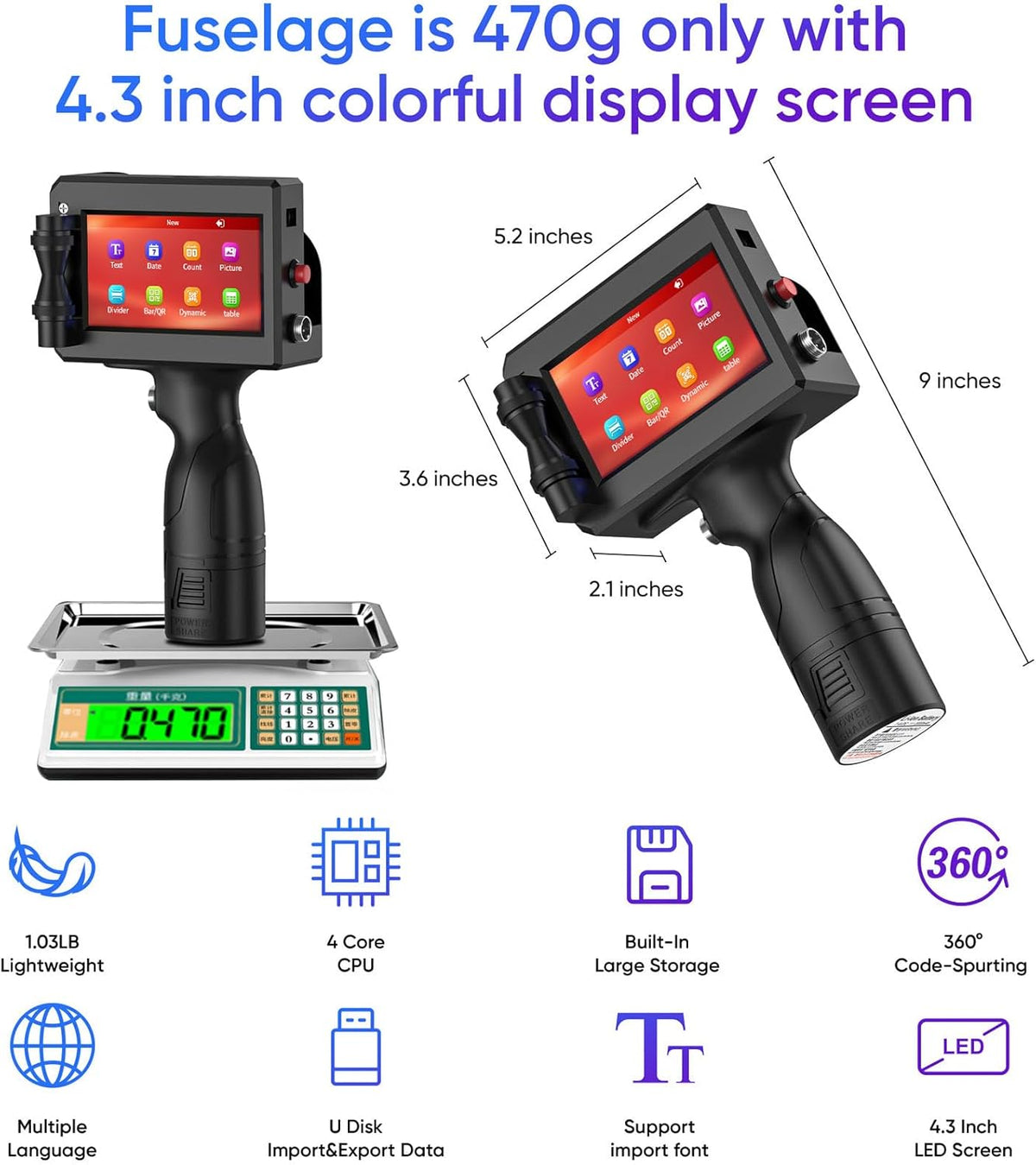 127T2 Draagbare Handheld Inkjet Printer 1 inch Handheld Printer 4.3 Inch LED Scherm Sneldrogende Inktcartridge voor QR Code Datum Logo Label Barcode Batchnummer