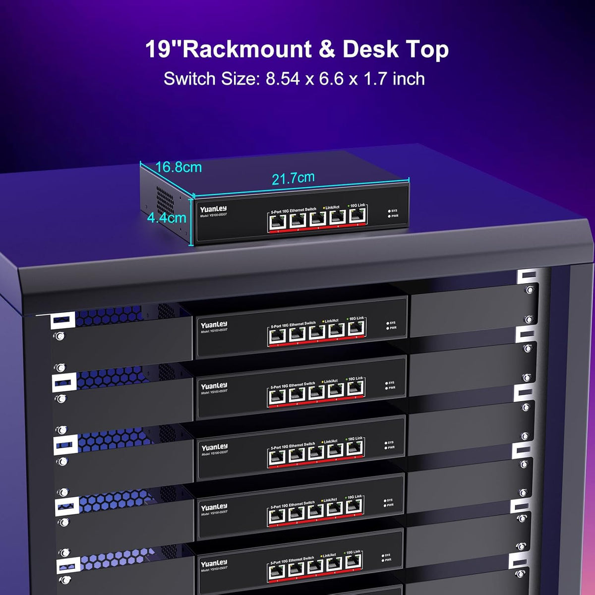 YuanLey 5-Poorts 10G Ethernet-Switch, 5 x 10Gbps RJ45-Poorten, Ondersteuning 10G/5G/2.5G/1G/100M Speed Auto-Negotiation, 100Gbps Schakelcapaciteit, Onbeheerde schakelaar Rackmountable, Gebruiksklaar