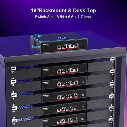 YuanLey 5-Poorts 10G Ethernet-Switch, 5 x 10Gbps RJ45-Poorten, Ondersteuning 10G/5G/2.5G/1G/100M Speed Auto-Negotiation, 100Gbps Schakelcapaciteit, Onbeheerde schakelaar Rackmountable, Gebruiksklaar