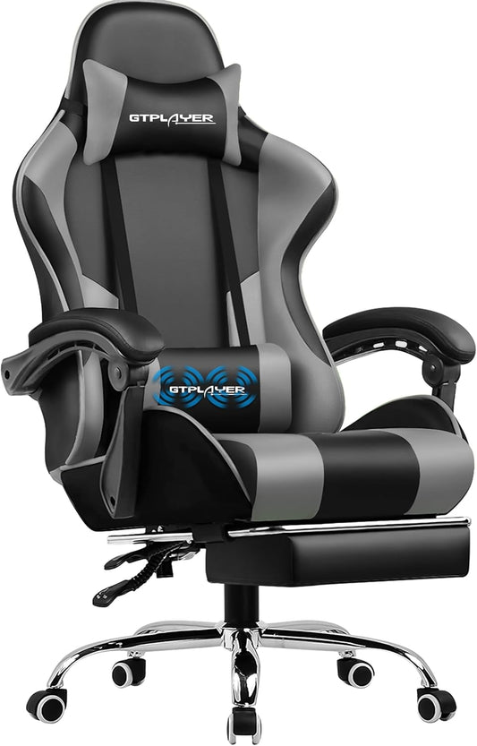 GTPLAYER Gaming Chair, Office Chair, Ergonomic Gamer Chair with Footrest, Headrest, Lumbar Cushion, Padded Swivel Chair, Grey - QUORE
