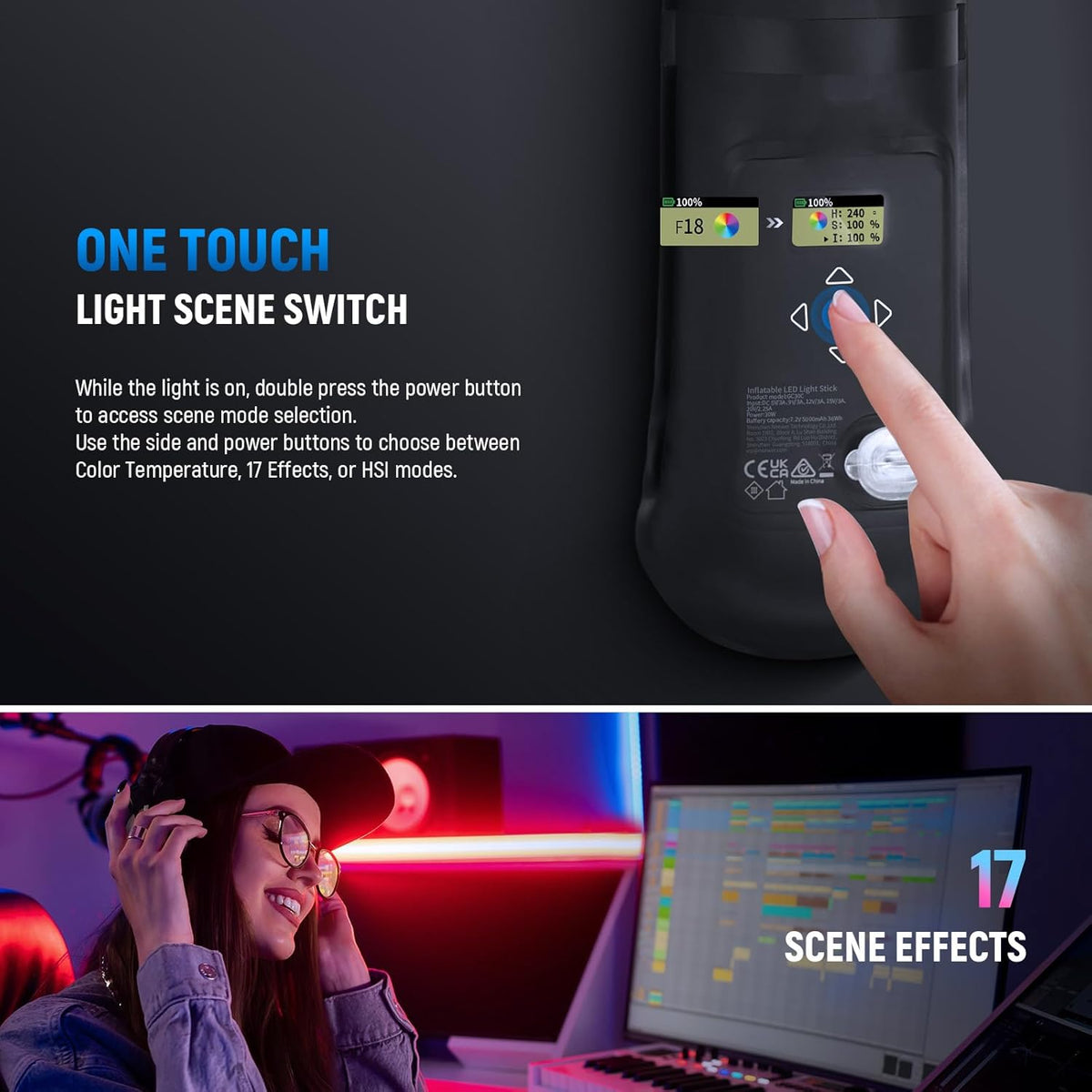 Neewer BASICS 30W Handheld RGB Vullicht 35.5"/90cm, Draagbare Opblaasbare TPU Verlichting 5000mAh Type C 45W in/30W Out, 3000Lux 17 Effecten 2700-6500K CRI95 voor Studio Fotografie Video Opname, GC30C