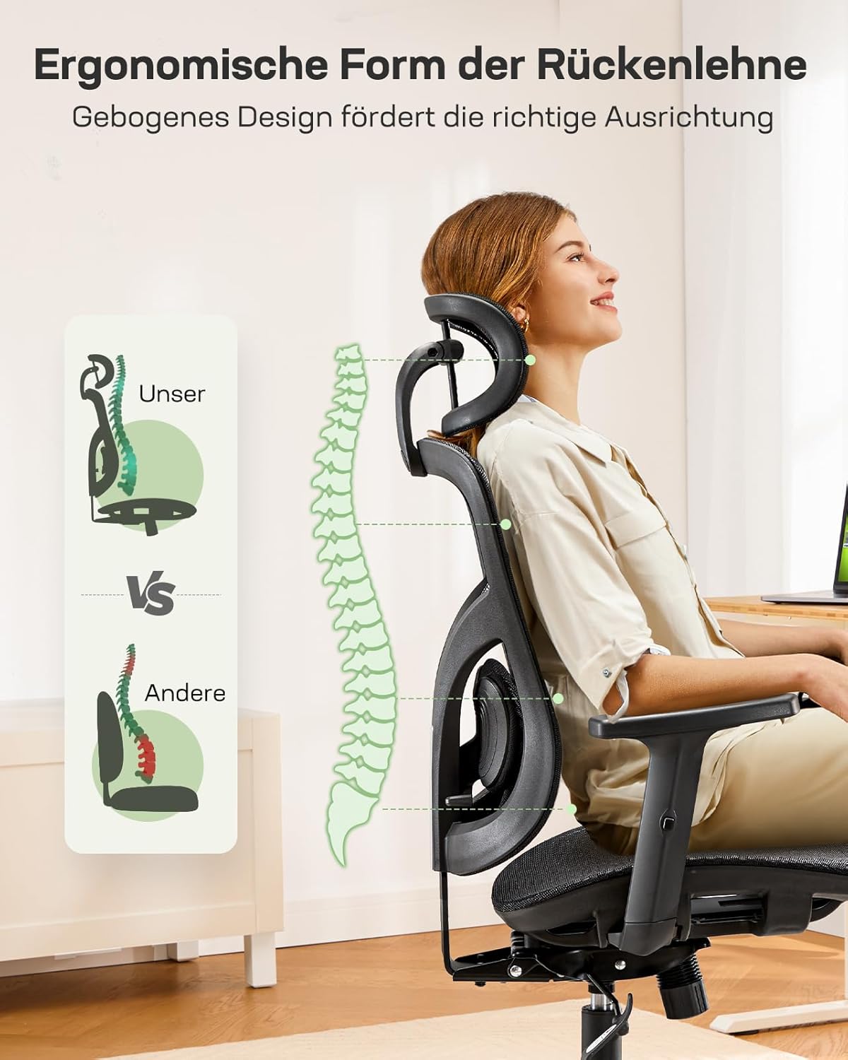 Ergonomische bureaustoel, hoge rugleuning mesh stoel met verstelbare lendensteun, 2D-hoofdsteun, boven- en onderarmleuningen, 90-120° kantelbaar, breed zitkussen, ideaal voor gaming en thuiskantoor