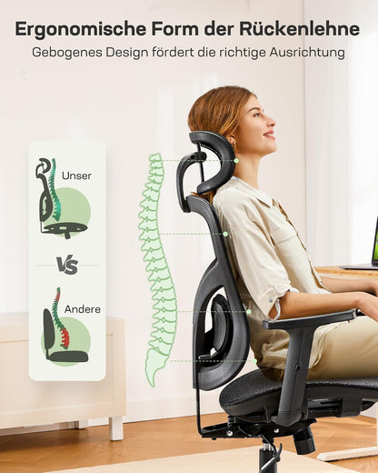 Ergonomische bureaustoel, hoge rugleuning mesh stoel met verstelbare lendensteun, 2D-hoofdsteun, boven- en onderarmleuningen, 90-120° kantelbaar, breed zitkussen, ideaal voor gaming en thuiskantoor