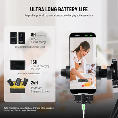 NEEWER CM28 Draadloos Lavalier microfoonsysteem met oplaadetui, 2 microfoonclips, 1 klik ruisonderdrukking, 4 GB geheugen, 9 uur speeltijd, microfoon compatibel met iPhone/Android/PC/camera/iPad