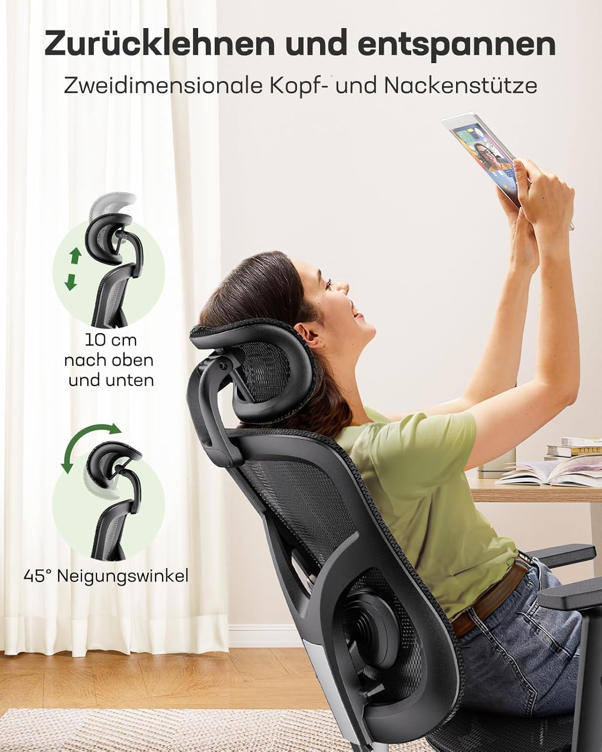 Ergonomische bureaustoel, hoge rugleuning mesh stoel met verstelbare lendensteun, 2D-hoofdsteun, boven- en onderarmleuningen, 90-120° kantelbaar, breed zitkussen, ideaal voor gaming en thuiskantoor