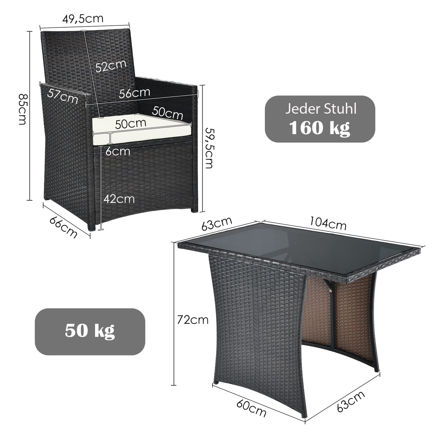 3-delige Polyrattan Tuinset – Bistroset – Loungeset – Tuinmeubelset – Balkonset – Ruimtebesparend Ontwerp – Weerbestendig Met Glasplaat