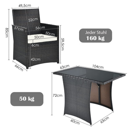 3-delige Polyrattan Tuinset – Bistroset – Loungeset – Tuinmeubelset – Balkonset – Ruimtebesparend Ontwerp – Weerbestendig Met Glasplaat