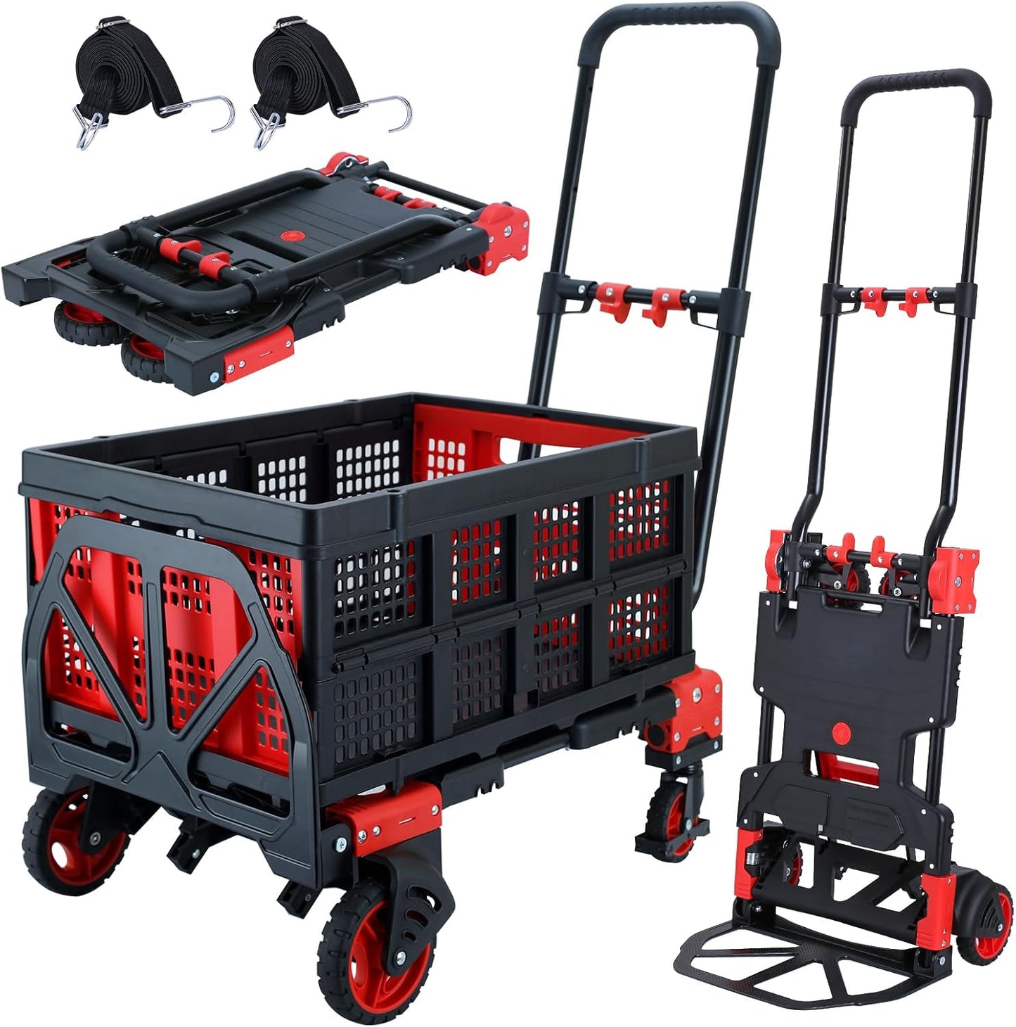 2-in-1 opvouwbare steekwagen, dolly met mand, 350 lbs capaciteit handkar opvouwbaar, steekwagen opvouwbaar met intrekbare handgreep, opvouwbare dolly kar met wielen om te verplaatsen
