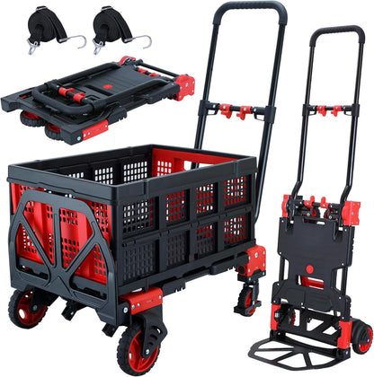 2-in-1 opvouwbare steekwagen, dolly met mand, 350 lbs capaciteit handkar opvouwbaar, steekwagen opvouwbaar met intrekbare handgreep, opvouwbare dolly kar met wielen om te verplaatsen