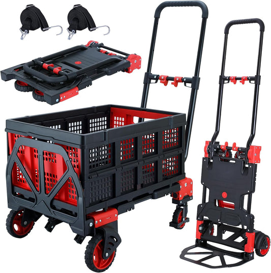 2-in-1 opvouwbare steekwagen, dolly met mand, 350 lbs capaciteit handkar opvouwbaar, steekwagen opvouwbaar met intrekbare handgreep, opvouwbare dolly kar met wielen om te verplaatsen