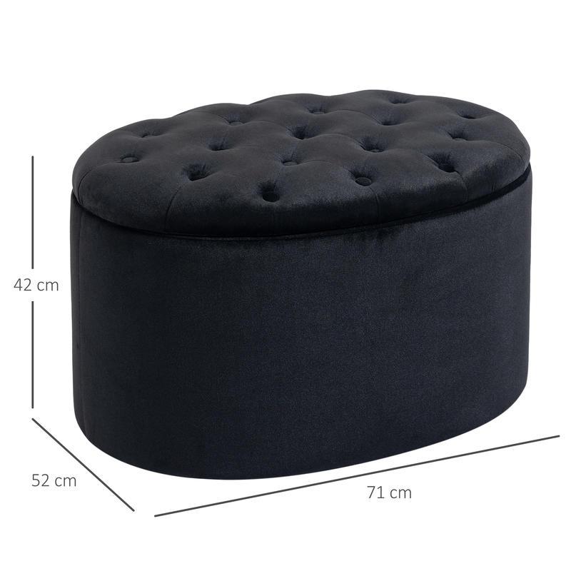 Opbergbank – Opbergpoef – Zitbank Met Opbergruimte – Opbergkist – Hocker – Fluwelen Bekleding – Ovaal Design – 71x52x42 cm – Zwart – Ruimtebesparend – Met Scharnierend Deksel