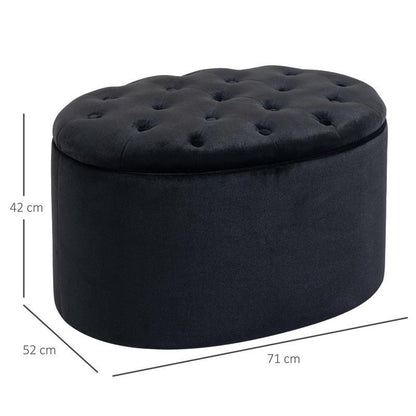 Opbergbank – Opbergpoef – Zitbank Met Opbergruimte – Opbergkist – Hocker – Fluwelen Bekleding – Ovaal Design – 71x52x42 cm – Zwart – Ruimtebesparend – Met Scharnierend Deksel
