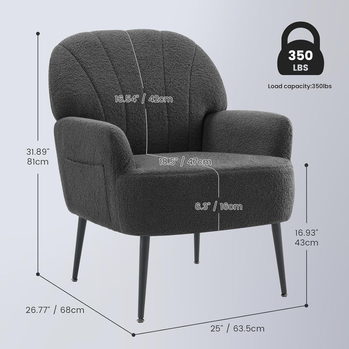 IWMH Accent Chair for Living Room, Teddy Fabric Armchair, Single Sofa Chair with Armrests, Metal Legs, Corner Chair for Bedroom Reading (Teddy Grey) - QUORE