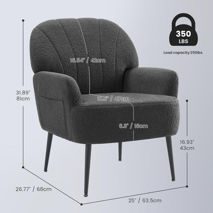 IWMH Accent Chair for Living Room, Teddy Fabric Armchair, Single Sofa Chair with Armrests, Metal Legs, Corner Chair for Bedroom Reading (Teddy Grey) - QUORE