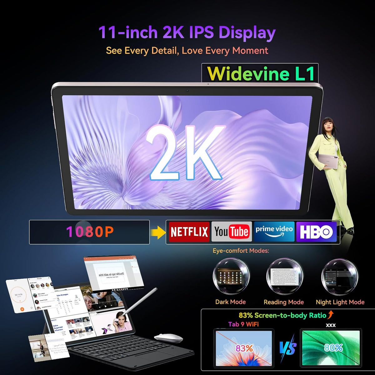 Blackview Tab9WiFi Tablet 11 inch 2K FHD+, 18 GB + 256 GB (TF 2 TB), Octa Core Gaming-tablet, Android 14, Gemini AI, touchscreen tablet met Widevine L1, 8200 mAh, GMS, Bluetooth 5.0, Face ID