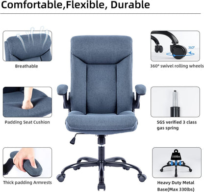 Ergonomische bureaustoel - draaibare werkstoel met opvouwbare armleuning, in hoogte verstelbaar, comfortabel voor kantoor, thuis, gaming (marineblauw)