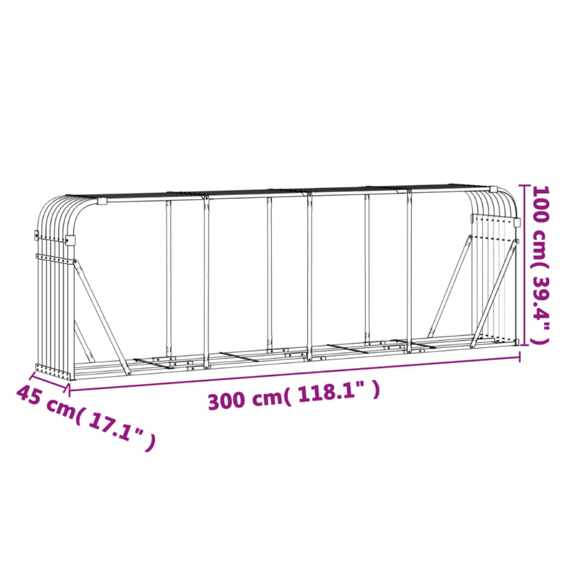 Houtopslag – Houthok – Houtrek – Brandhoutopslag – Houtstapelrek – Lichtgrijs Gegalvaniseerd Staal – Groot Formaat 300x45x100 cm – Weerbestendig & Ventilerend