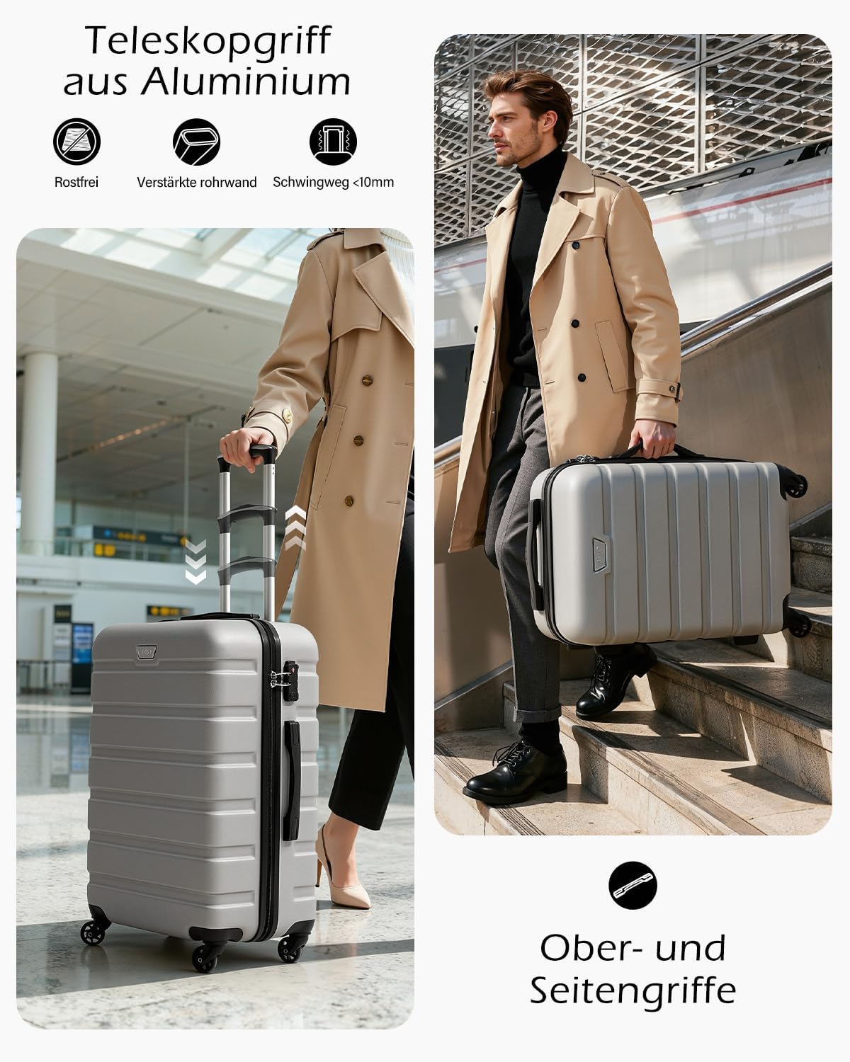 COOLIFE hardcase-koffer Trolley Rollkoffer reiskoffer hardshell Boardcase handbagage met TSA-slot en 4 wielen, Helder zilver., Koffer-Set
