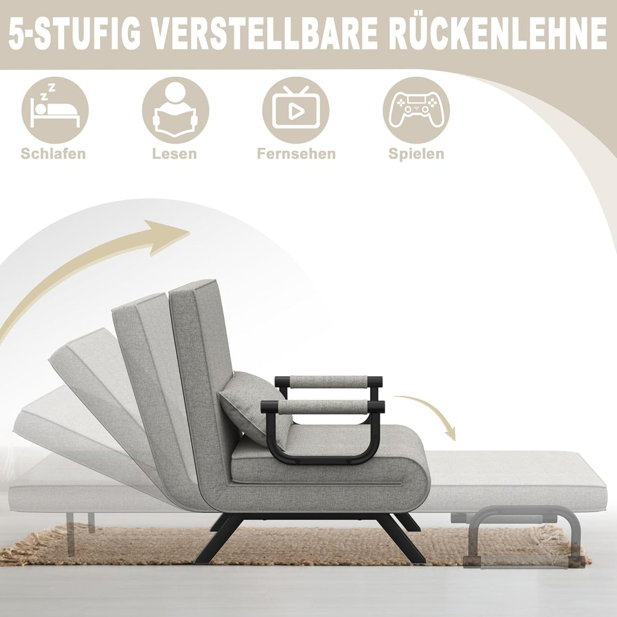3-In-1 Slaapstoel – Slaapbank – Relaxfauteuil – Oprolbed – Uitklapbare Stoel – Lichtgrijs – Verstelbare Rugleuning 5-Standen – Stevig Metalen Frame Met Linnen Bekleding