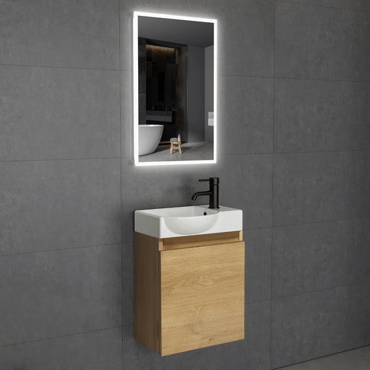 Alpenberger Bathroom Furniture Set, Guest Toilet Sink with Base Cabinet, Bathroom Cabinet for Small Bathrooms, LED Mirror with Light, Basin Cabinet Oak Nature + Left Sink - QUORE