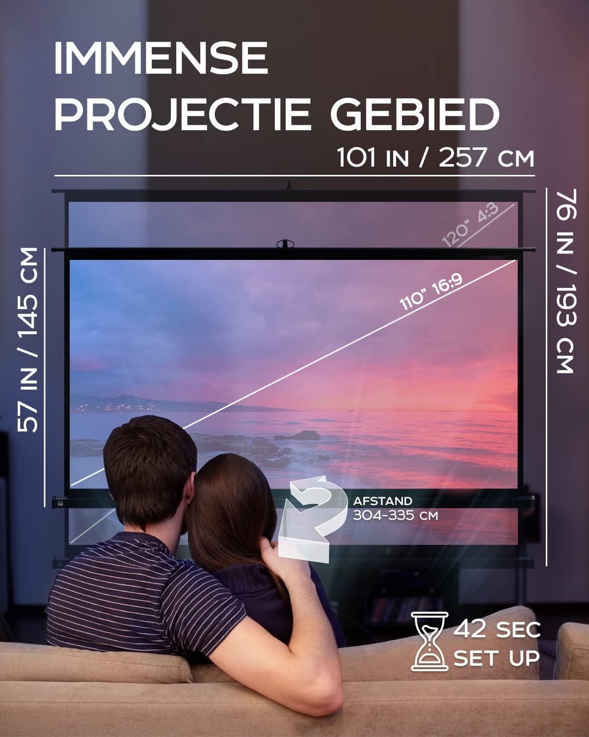PropVue Projectiescherm met standaard, 100-120 inch (ca. 254-305 cm) projectiescherm voor binnen en buiten, voor film- of kantoorpresentatie, instelbaar van 16:9 tot 4:3, HD-premium kreukvrij statiefscherm