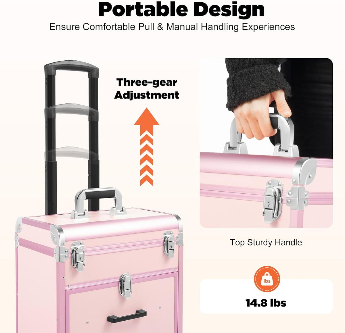 OUKANING Cosmetic Case Trolley 40 Compartments + 2 Drawers 50 kg Load Capacity 4 Universal Wheels & Locks for Make-Up Hairdressing Supplies Low Noise, pink, modern - QUORE