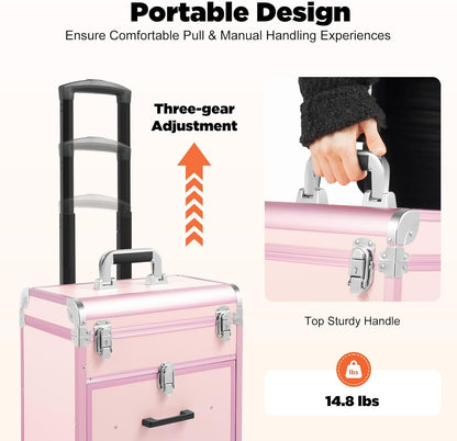 OUKANING Cosmetic Case Trolley 40 Compartments + 2 Drawers 50 kg Load Capacity 4 Universal Wheels & Locks for Make-Up Hairdressing Supplies Low Noise, pink, modern - QUORE