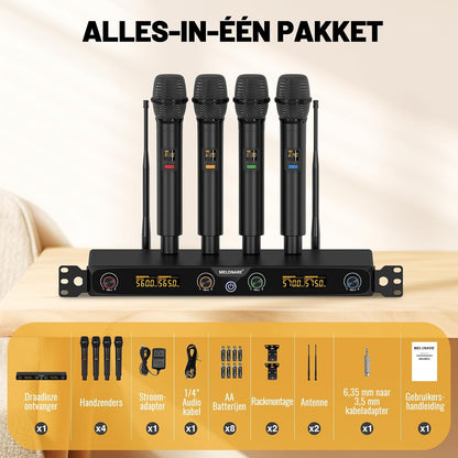 4-Kanaals Draadloos Microfoonsysteem, UHF Rackmount met 4x 10 Frequenties, 260ft Bereik, Dynamisch Handmicrofoon voor Zingen, Karaoke, Kerk, DJ, Feest (MWM-41F)