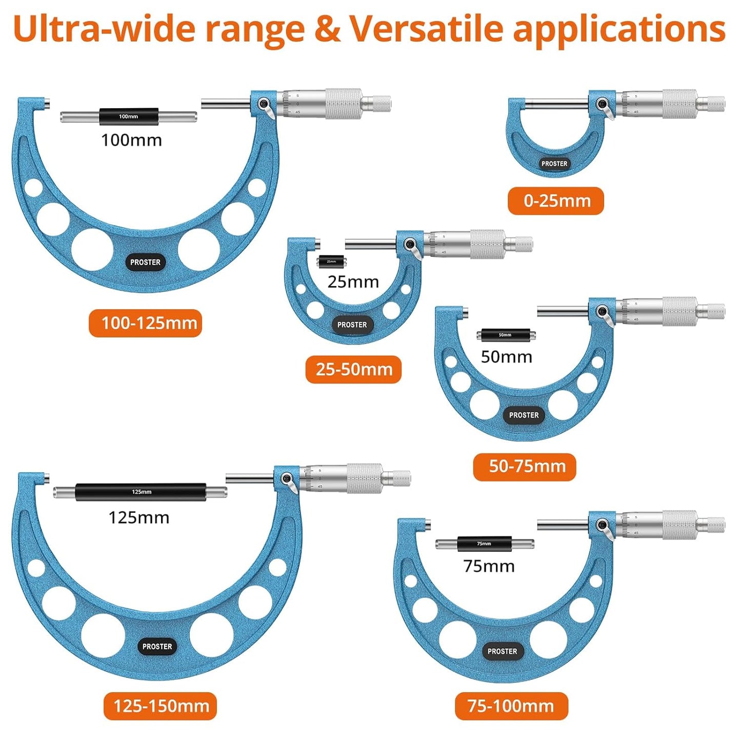 Proster Micrometer voor buiten, 0-150 mm, 6 stuks, mechanische buitenmicrometer, 0,01 mm, met stoprail, chroom satijn en laserschaal, professionele set met kalibratiebeugels en werkplaatsbox