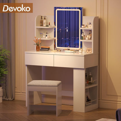 Devoko Dressing Table with Mirror and Lighting,Adjustable Brightness,Makeup Table with Stool,2 Drawers,4 Shelves,Modern Makeup Desk for Bedroom and Dressing Room, 90 x 40cm(White and White) - QUORE