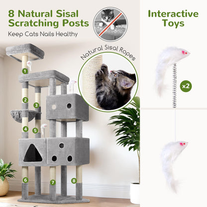 XXL Krabpaal – Kattenboom – Krabmeubel – Krabpaal Groot – Kattenhuis – 207 cm Hoog – 3 Kattenhuisjes – Comfortabel Ligmandje – Stabiel Design – Lichtgrijs