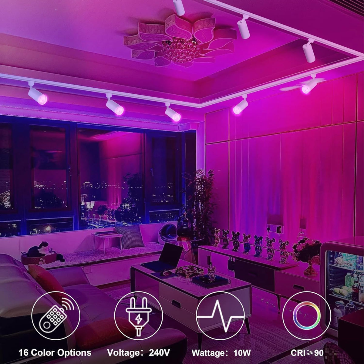 GU10 RGB-railverlichtingsset met gekleurde lampen, 8 stuks plafondspot met 2 x 1,5 m H-type rail, IR-afstandsbediening, meerkleurige spotlights (8 stuks, wit)