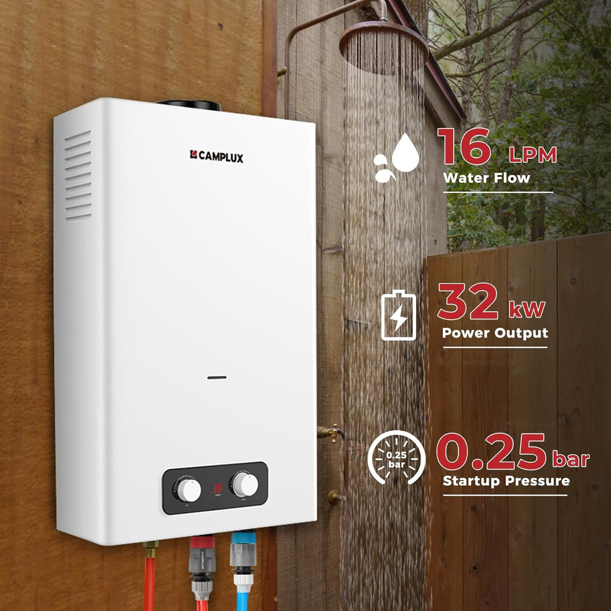 CAMPLUX 16 L Gas Boiler Tankless, Butaan (28-30 mbar)/ Propaan (37 mbar), 32 kW, BD422