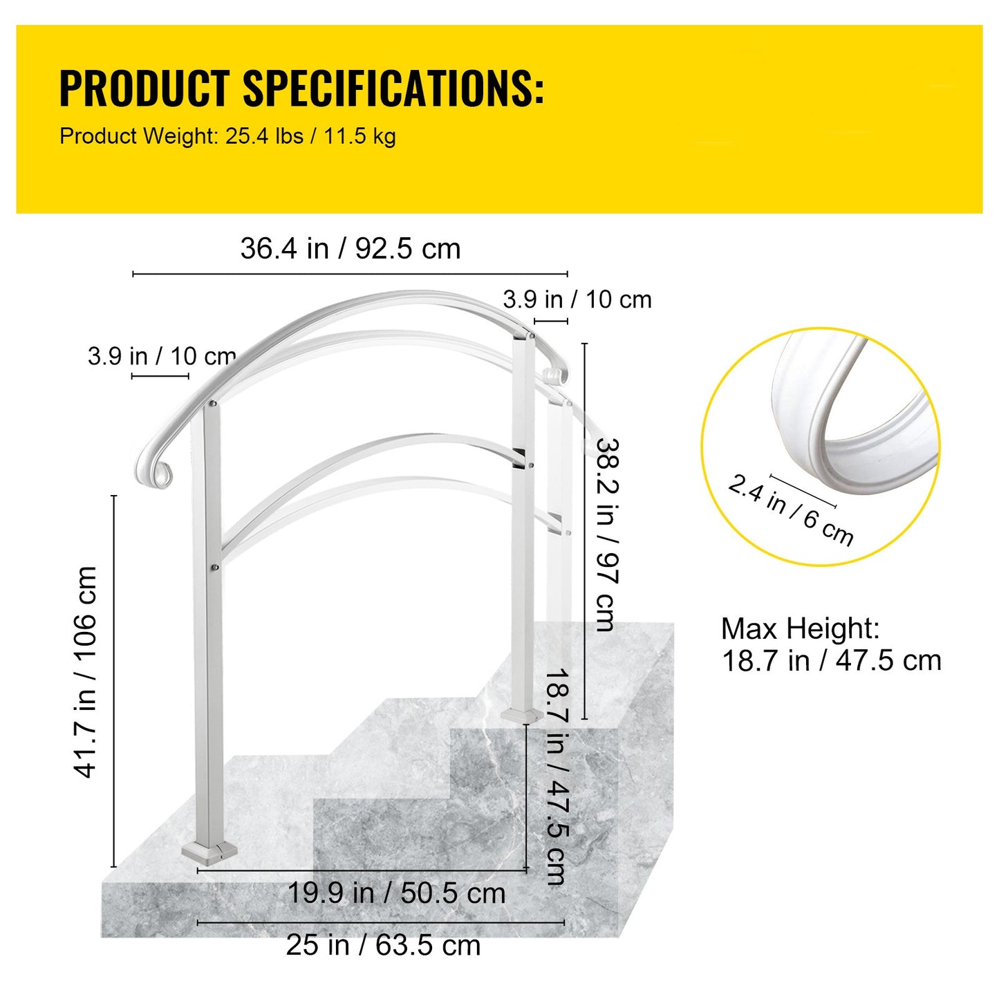 Handrail – Trapleuning – Trapbeugel – Buitenleuning – Smeedijzeren Leuning – Verstelbare Hoogte Tot 106 cm – Weerbestendig Wit Poedercoating