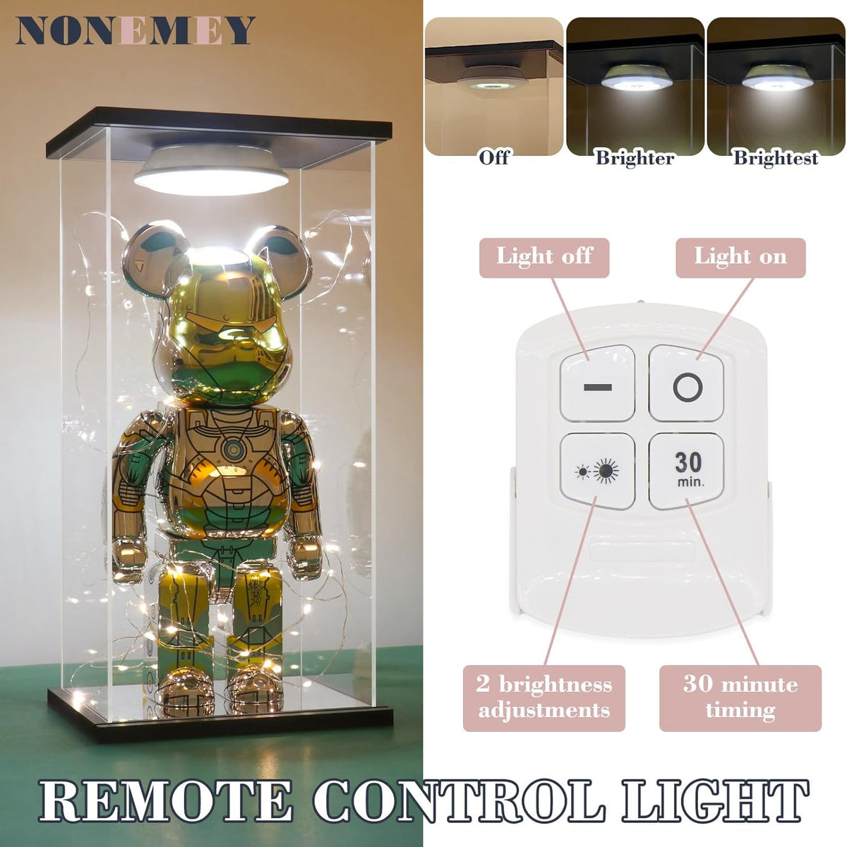 Nonemey Acryl Vitrine Transparant met Afstandsbediening Licht voor 1000% Beer Bakstenen, Stofdicht Model Showcase Vitrine Organiser Box, Vitrine voor Verzamelobjecten Figurines (Zwart, 40*30*76 cm)