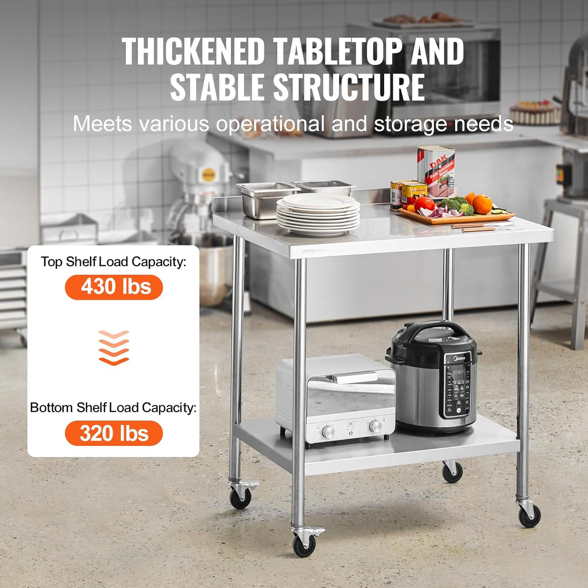 VEVOR Commercial Food Wheels, 24 x 36 x 40 cm, Heavy Duty Work Table, Metal Work Table with Adjustable Height for Restaurant, Home and Hotel, Silver, 61 x 90 x 100 cm